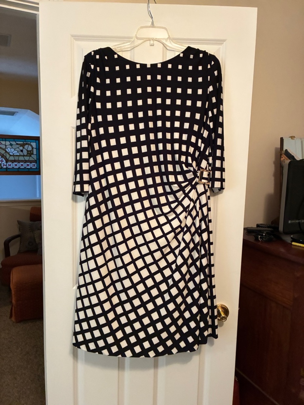 Tahari Woman Black and White Grid Midi Dress with Side Knot